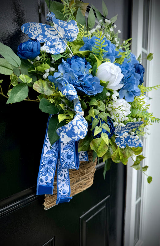 Chinoiserie Hydrangea & Peony w Butterflies Basket for Spring and Summer