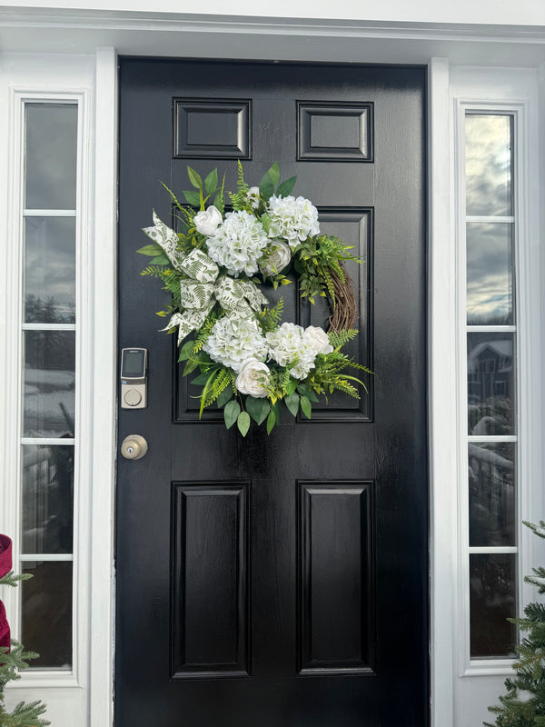 White Hydrangea Wreath with Cabbage Roses for Spring or Year Round use