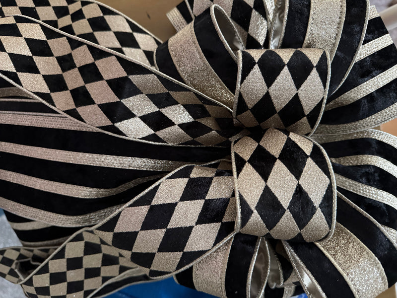 Gold & Black Harlequin Christmas Tree Topper Bow