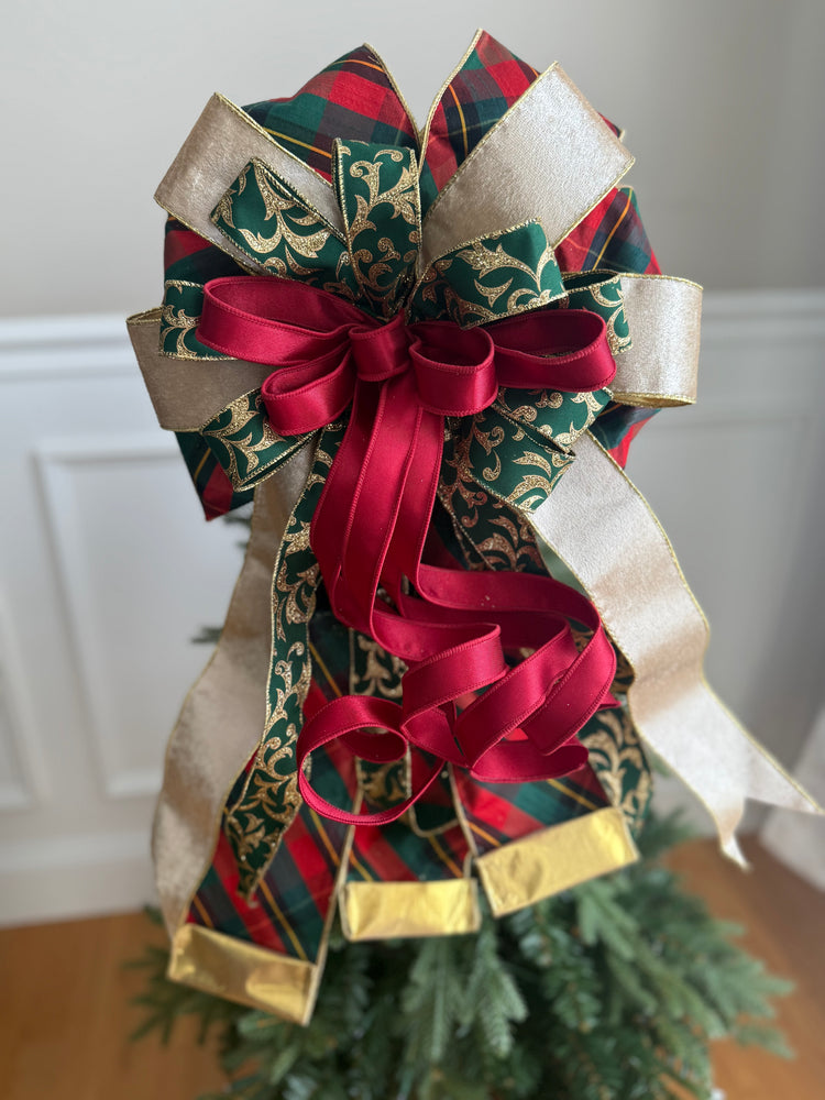 Classic Red & Green Plaid Layered Christmas Tree Topper Bow