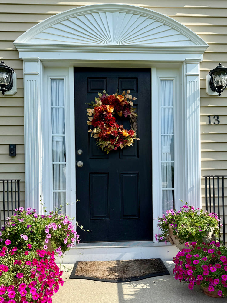 Autumn Floral Wreath with Burgundy, Orange & Yellow Flowers – Fall and Thanksgiving Door Decor