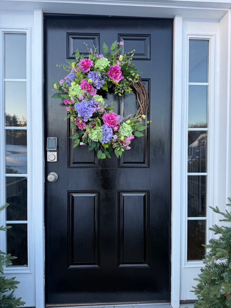 Spring garden bloom with peonies and hydrangea Wreath