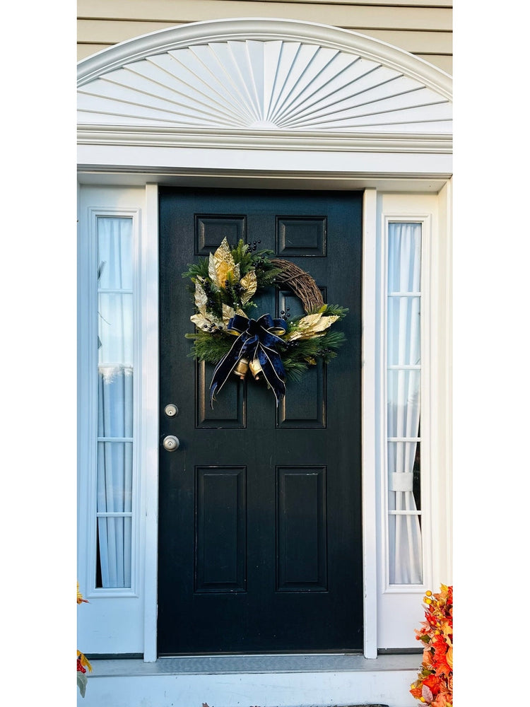 Navy Velvet Gold Winter Wreath w Antique Bells