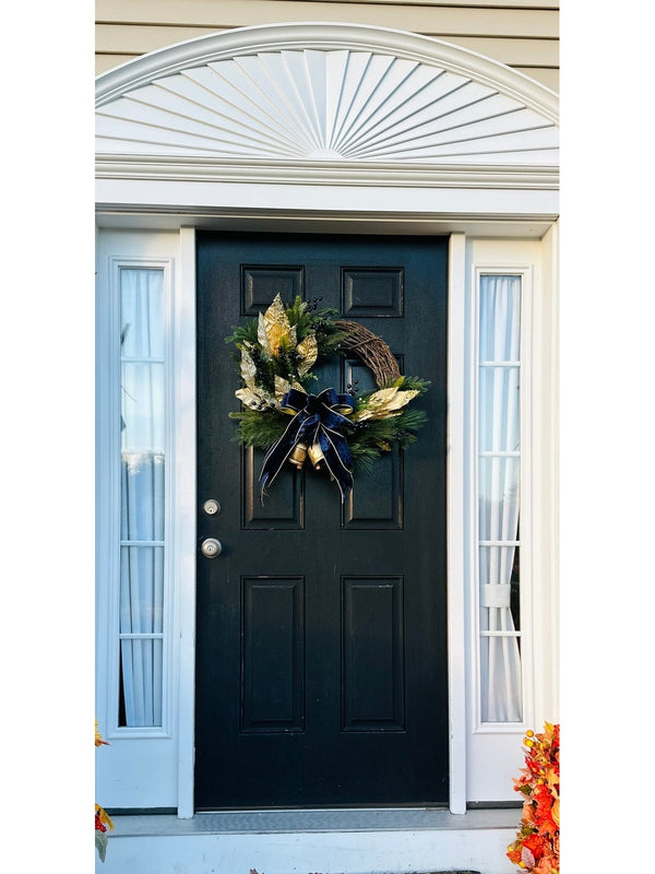Navy Velvet Gold Winter Wreath w Antique Bells