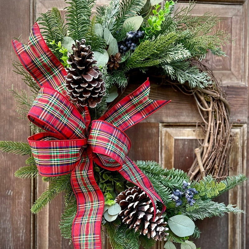 Winter Evergreen Wreath w Red Tartan Bow