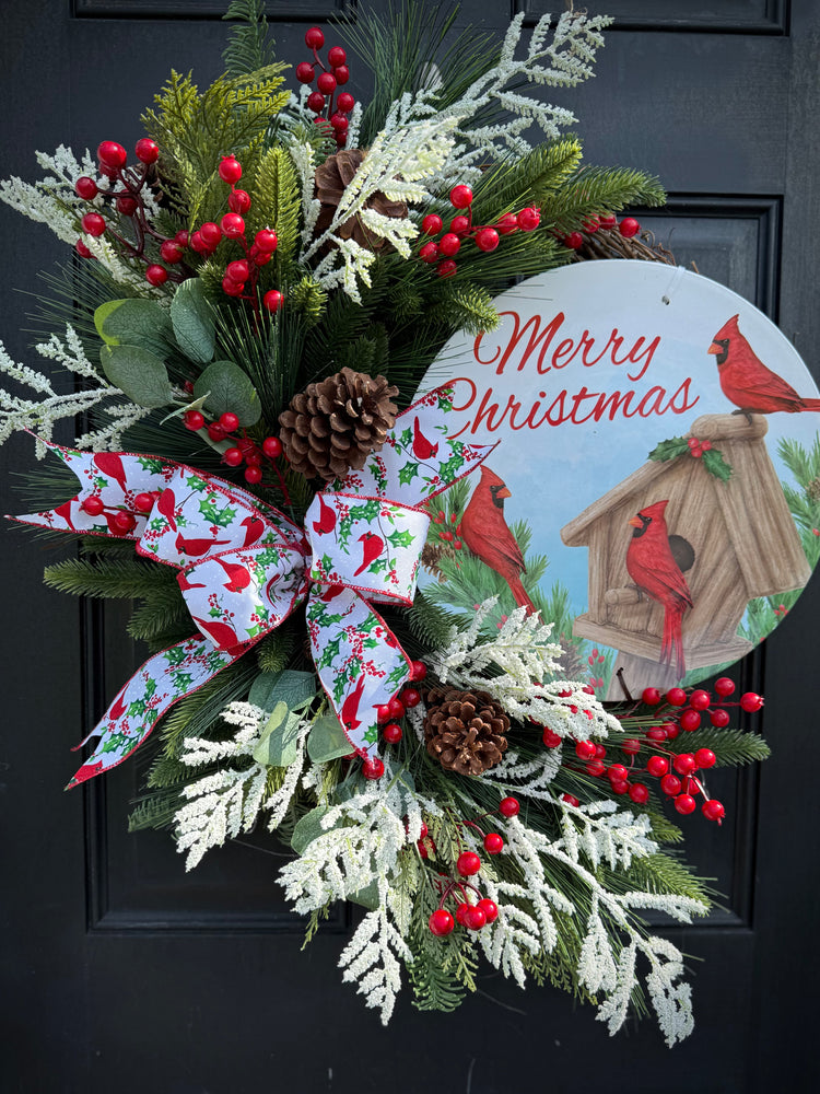 Winter Cardinal  Wreath – Handmade Holiday Wreath with Pine for Christmas
