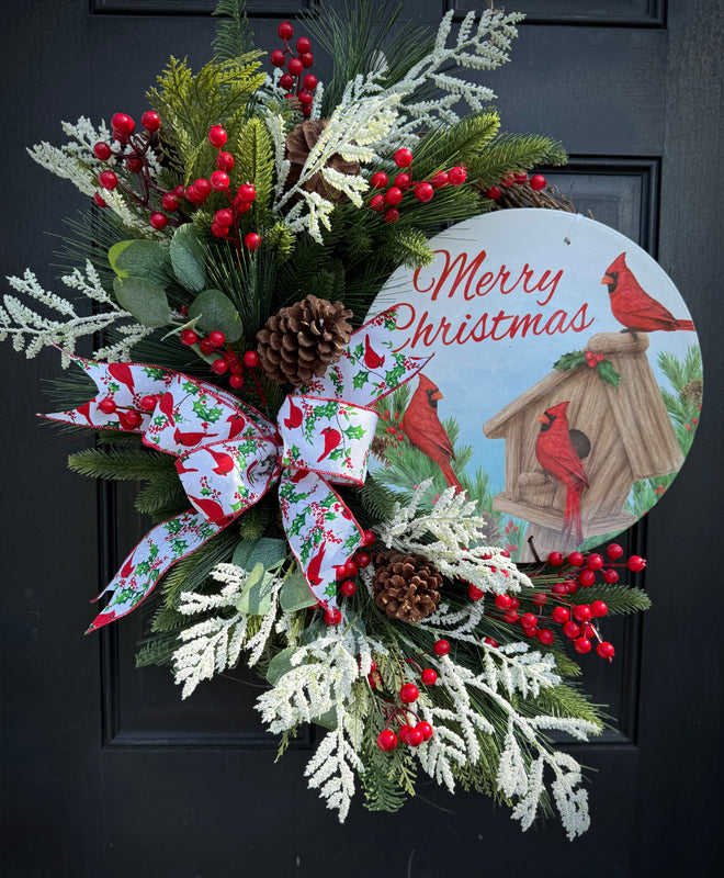 Winter Cardinal  Wreath – Handmade Holiday Wreath with Pine for Christmas