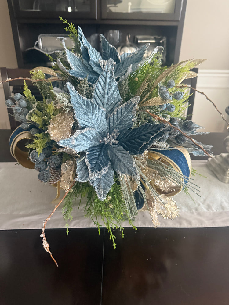 French Blue Velvet Pointsettia Centerpiece, Floral Arrangement