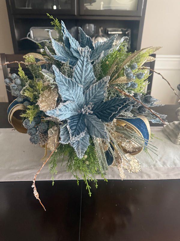 French Blue Velvet Pointsettia Centerpiece, Floral Arrangement