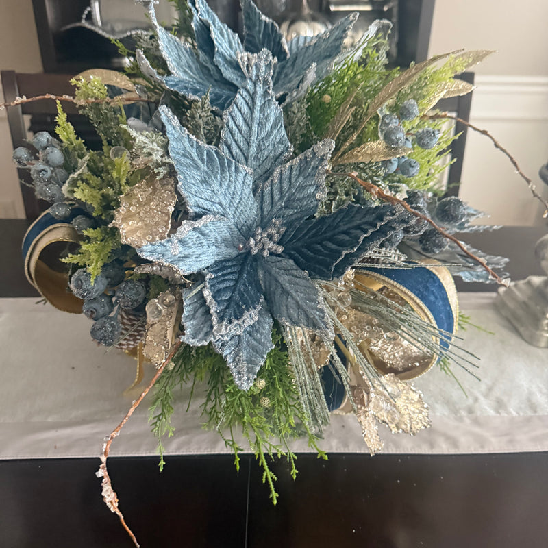 French Blue Velvet Pointsettia Centerpiece, Floral Arrangement