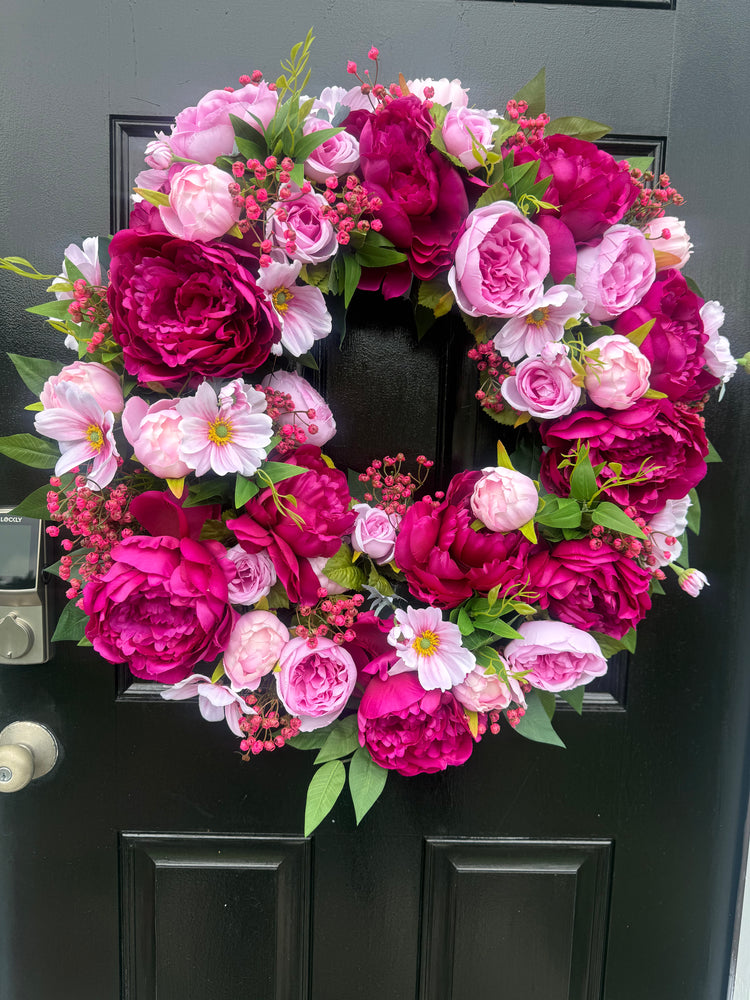Fuchia Pink Hydrangeas & Peonies Cottagecore Wreath for Spring and Summer