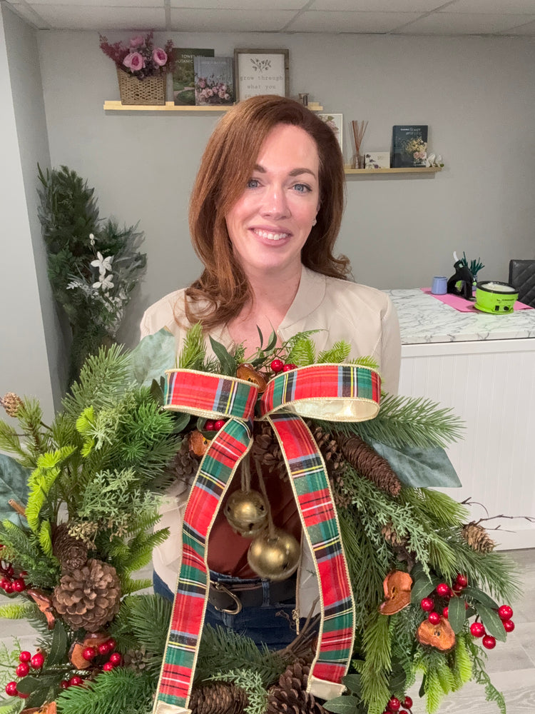 Tartan Plaid Pine Wreath with Bells for Winter