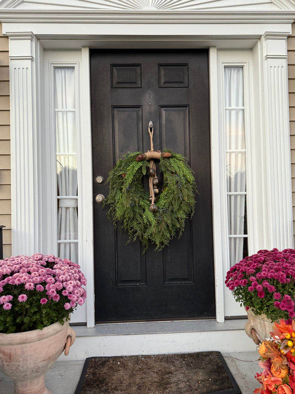 Cascading Pine & Cedar Wreath with Rustic Bells for Winter