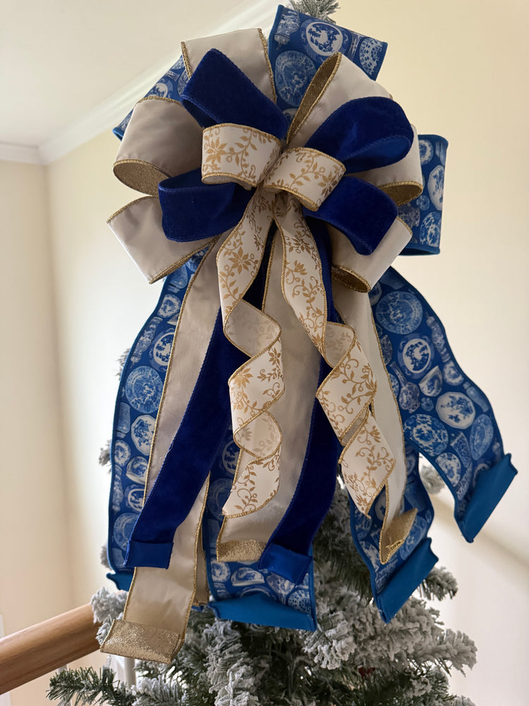 Elegant Blue & Gold Chinoiserie Christmas Tree Topper Bow