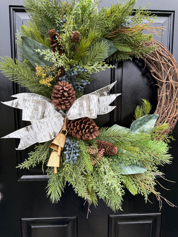 Rustic Evergreen Pinecone Wreath with Bells – Winter Front Door Décor