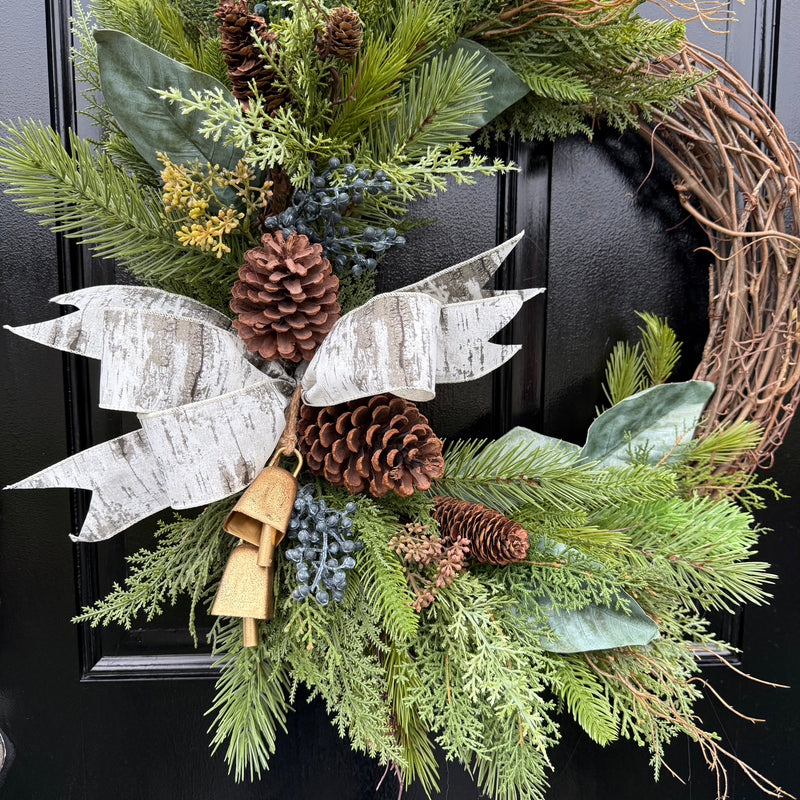 Rustic Evergreen Pinecone Wreath with Bells – Winter Front Door Décor