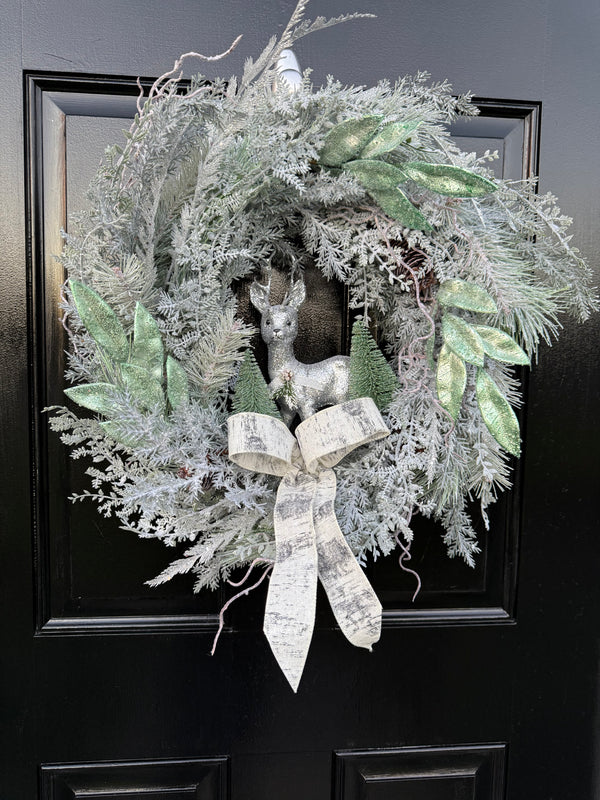 Vintage Winter Wonderland Wreath with Glitter Deer – Flocked Woodland Wreath