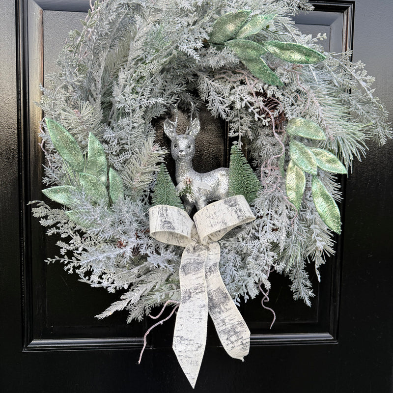 Vintage Winter Wonderland Wreath with Glitter Deer – Flocked Woodland Wreath