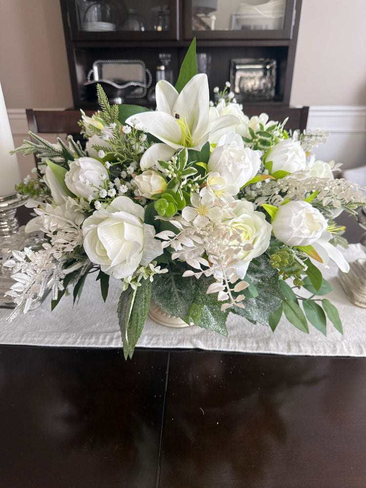 Winter Wedding Centerpiece w Pearl Accents, Elegant All White Winter Floral Arrangement
