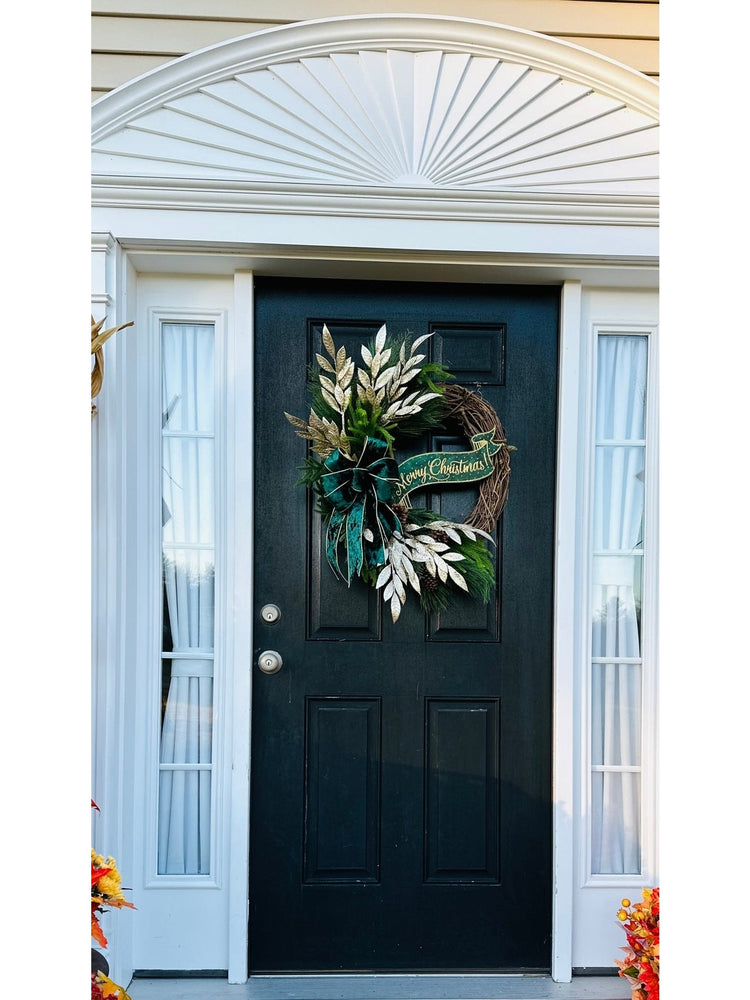 Emerald Velvet Gold Merry Christmas Wreath for Winter