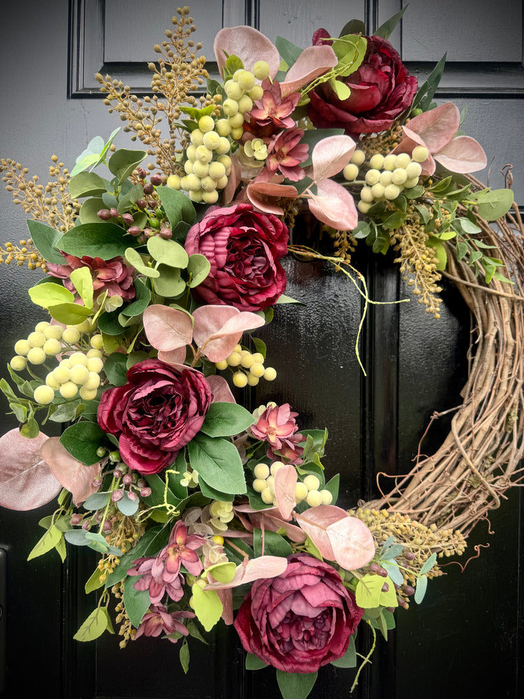 Burgundy Peony  and Eucalyptus Wreath for Spring and Fall
