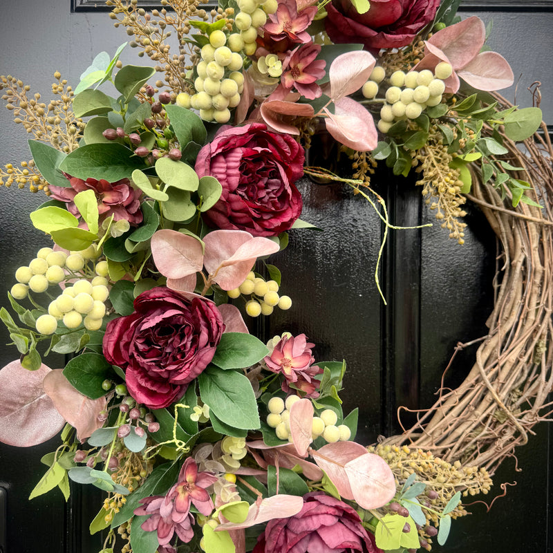 Burgundy Peony  and Eucalyptus Wreath for Spring and Fall