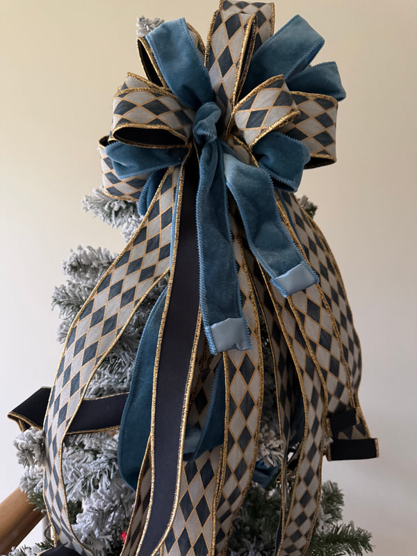 Blue Harlequin Tree Topper Bow