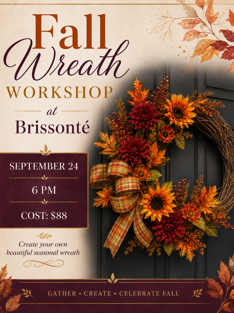 Fall Wreath Workshop at Brissonté, N. Reading on Thursday September 24th at 6pm