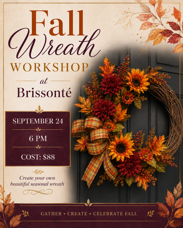 Fall Wreath Workshop at Brissonté, N. Reading on Tuesday September 24th at 6pm