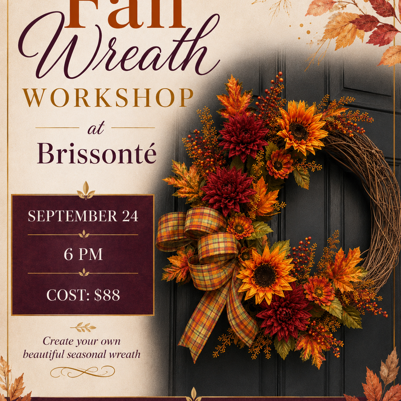 Fall Wreath Workshop at Brissonté, N. Reading on Tuesday September 24th at 6pm