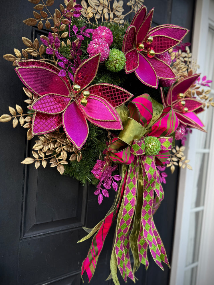 Luxe Hot Pink & Gold Christmas Wreath – Winter Holiday Front Door Decor w Velvet Poinsettias and Ribbon Bow
