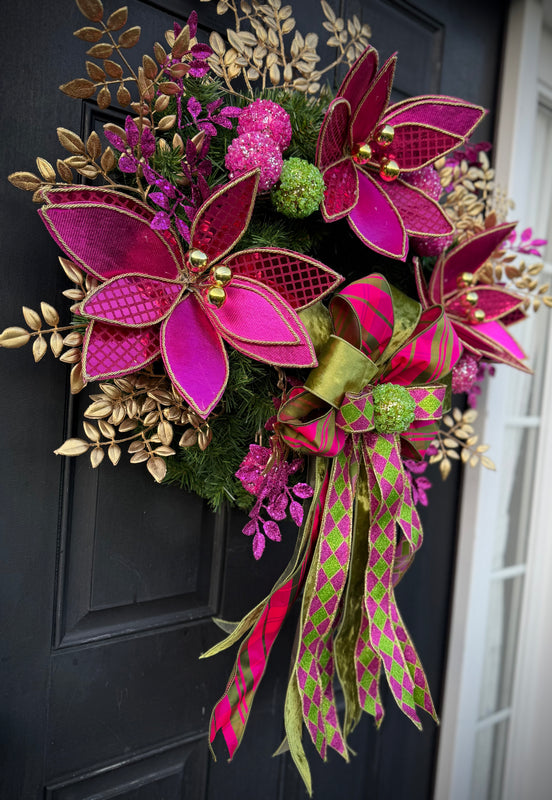 Luxe Hot Pink & Gold Christmas Wreath – Winter Holiday Front Door Decor w Velvet Poinsettias and Ribbon Bow