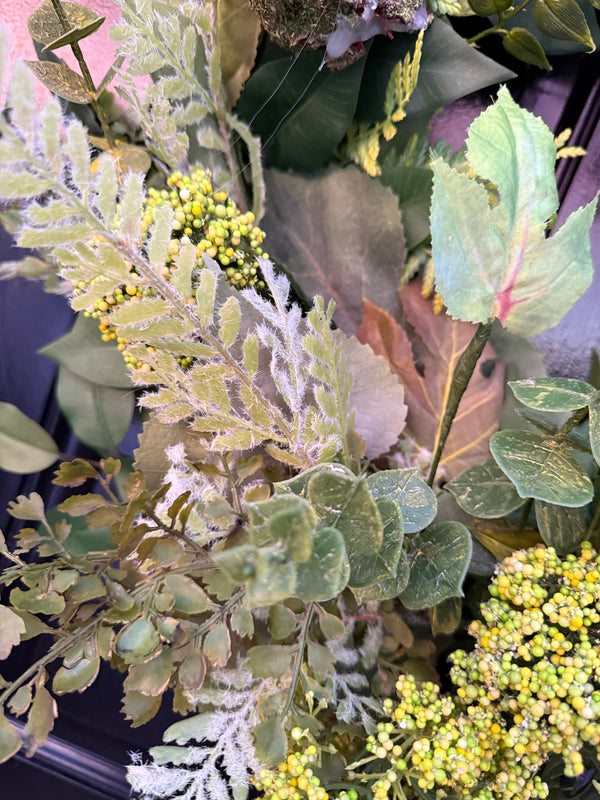 Evergreen Wreath w Moss Covered Lotus Pods for Spring or Year Round use