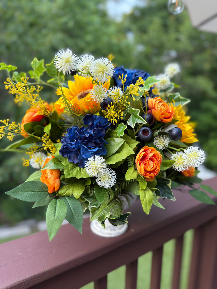Vibrant Sunflower Arrangement with Deep Blue Ranunculus