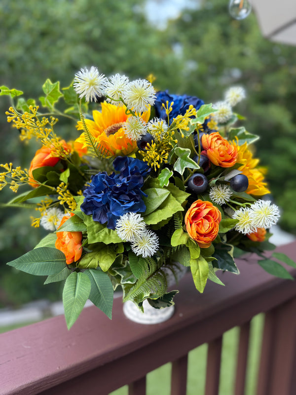Vibrant Sunflower Arrangement with Deep Blue Ranunculus