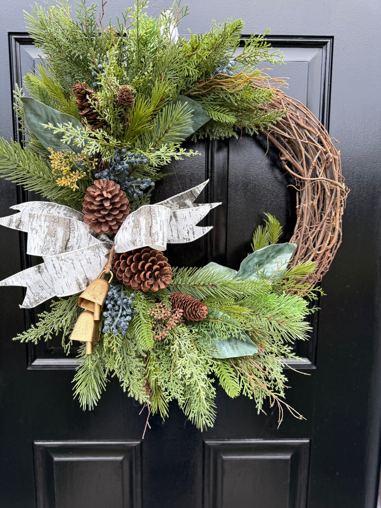 Rustic Evergreen Pinecone Wreath with Bells – Winter Front Door Décor