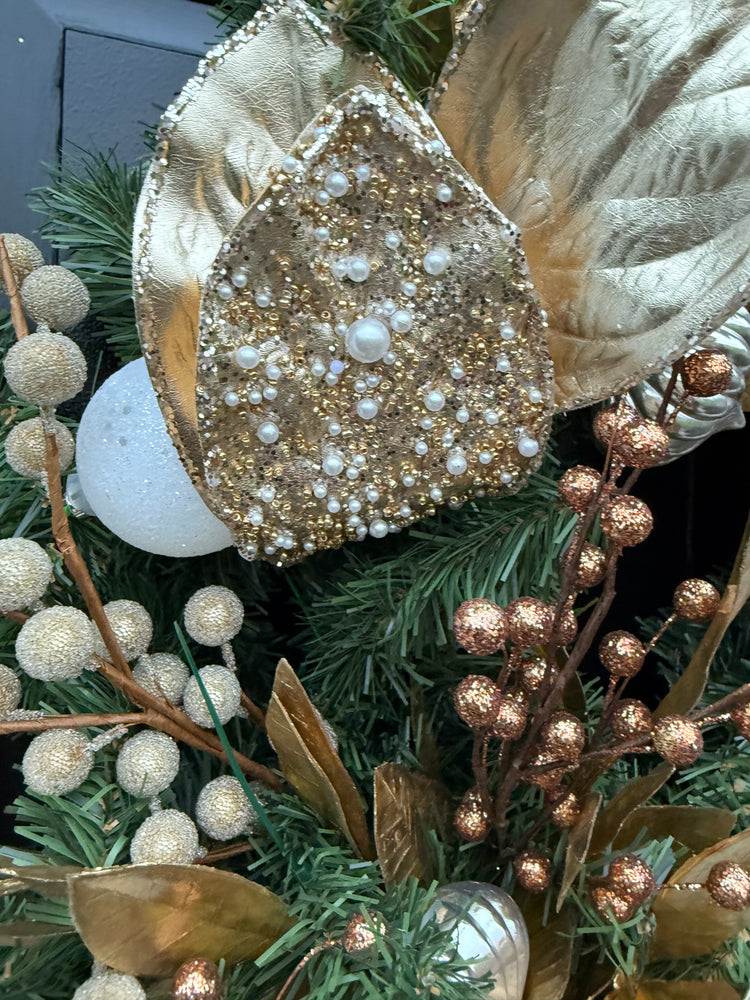 Golden Luxe Holiday Winter Wreath – Handcrafted Door Decor
