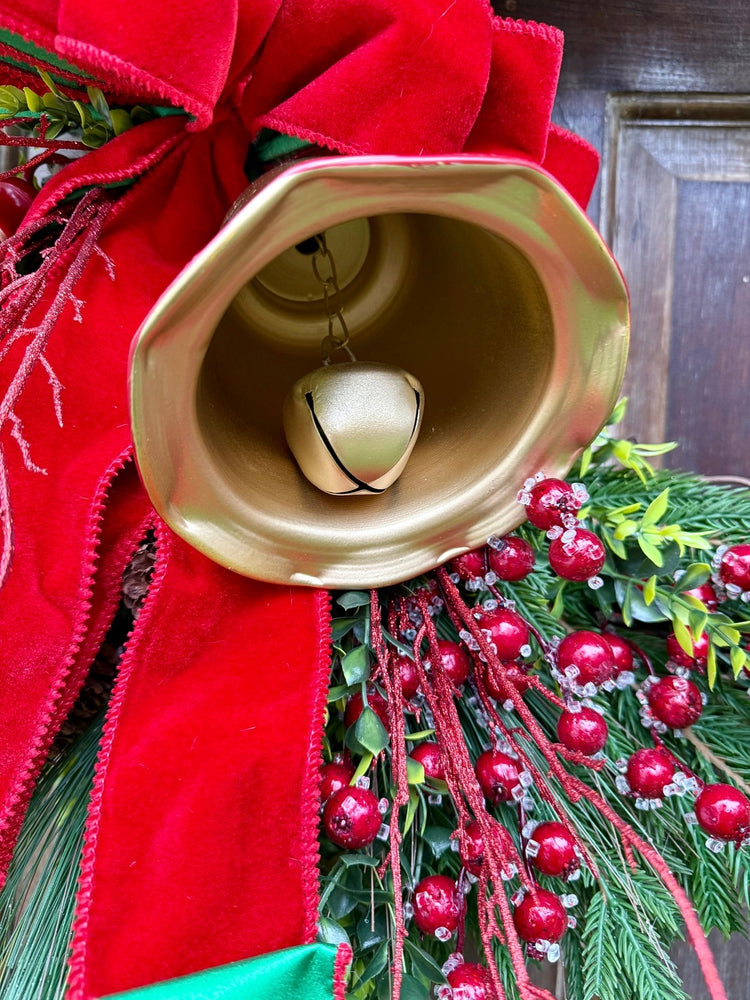 Winter Pine Wreath w Bells and Velvet Bow