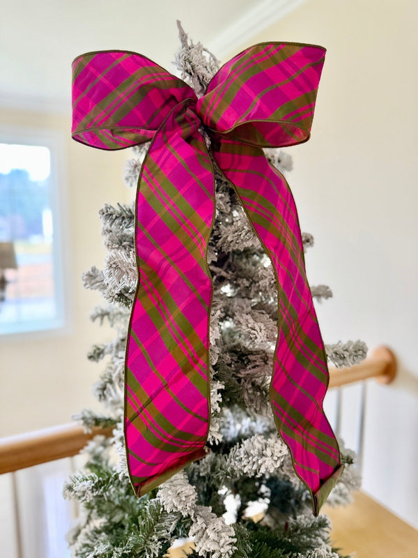 Luxe Magenta & Green Duponi Mantle Bow for Winter, Tree Topper, Mantle Bows