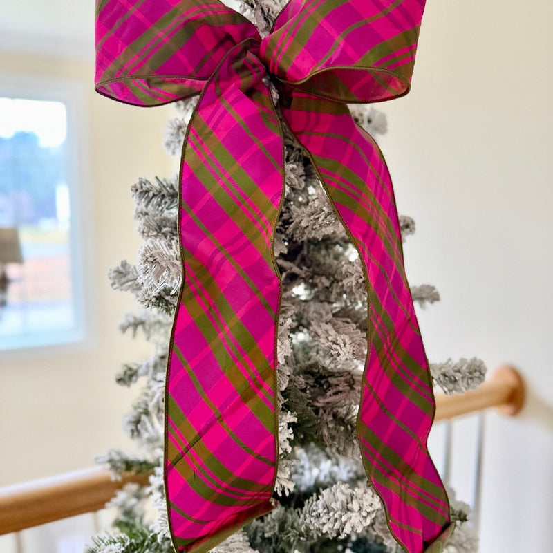 Luxe Magenta & Green Duponi Mantle Bow for Winter, Tree Topper, Mantle Bows