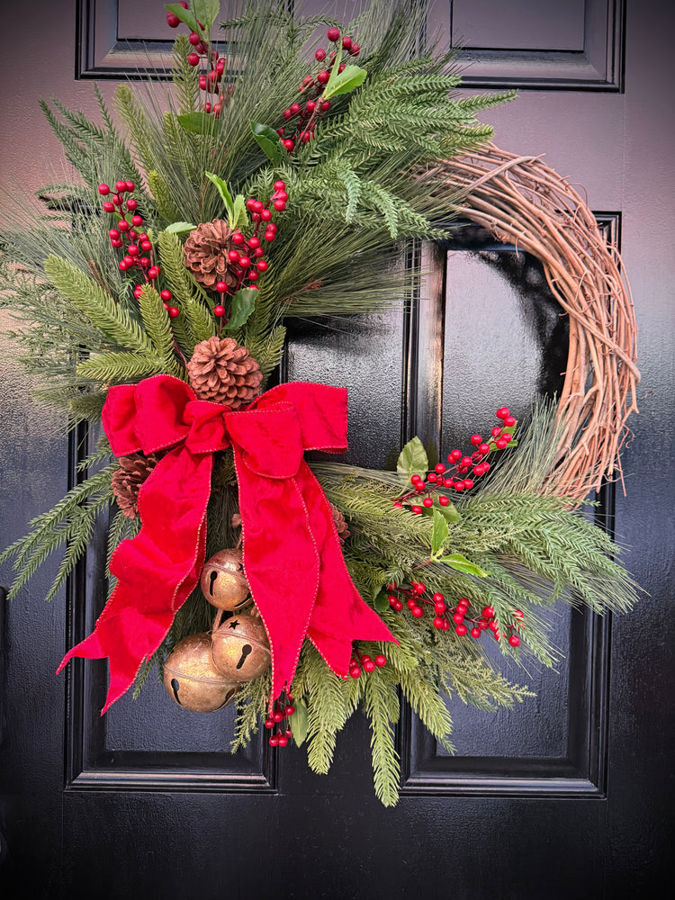Crush Velvet  Christmas  Wreath with Tartan Bow & Golden Bells – Rustic Holiday Winter Door Decor