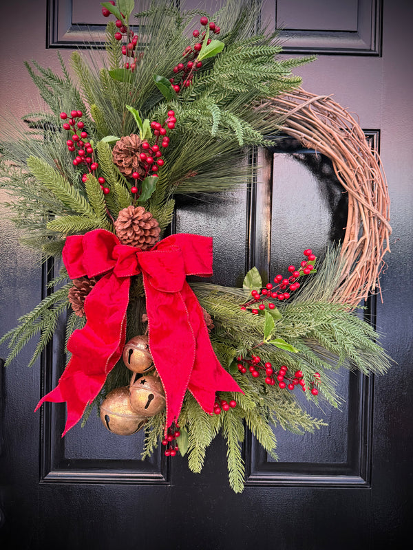 Crush Velvet  Christmas  Wreath with Tartan Bow & Golden Bells – Rustic Holiday Winter Door Decor