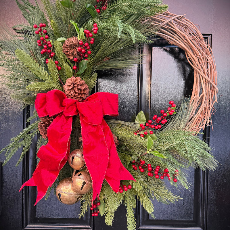 Crush Velvet  Christmas  Wreath with Tartan Bow & Golden Bells – Rustic Holiday Winter Door Decor