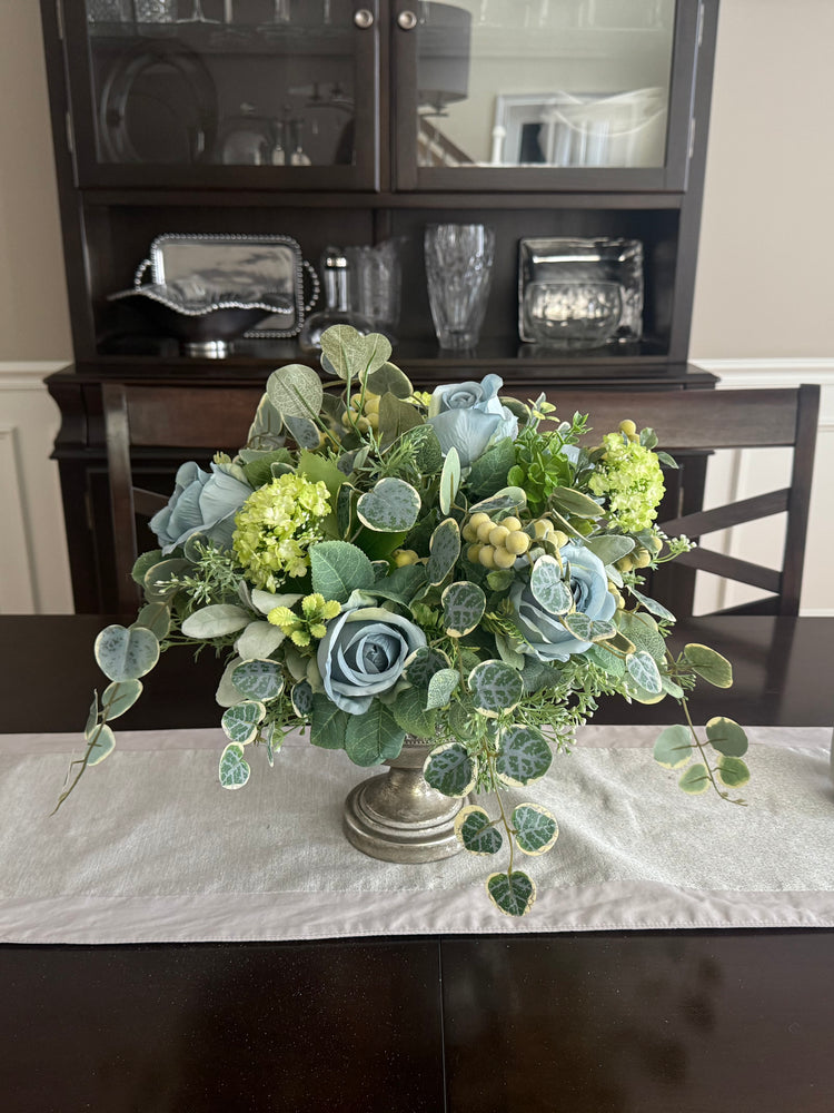 Luxury blue rose and green hydrangea arrangement for spring