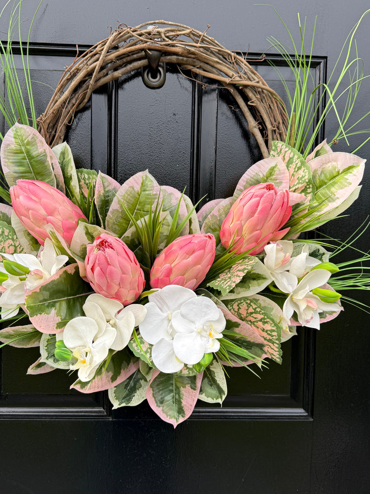 King Protea and Orchid Wreath for Spring and Summer