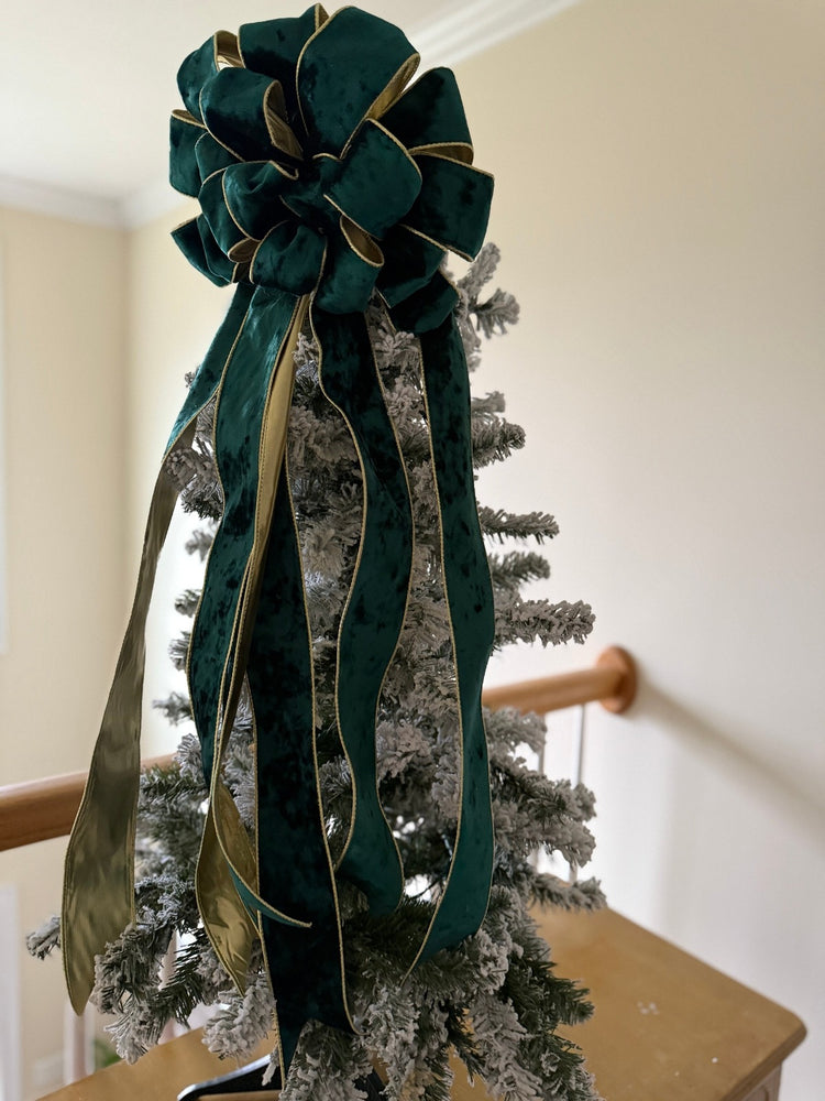 Emerald w Gold Trim Velvet Tree Topper Bow for Winter