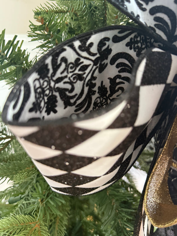Black & White Harlequin Tree Topper Bow for Christmas Tree