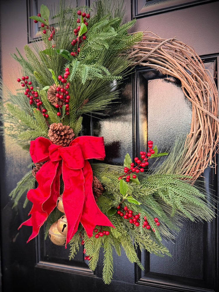 Crush Velvet  Christmas  Wreath with Tartan Bow & Golden Bells – Rustic Holiday Winter Door Decor