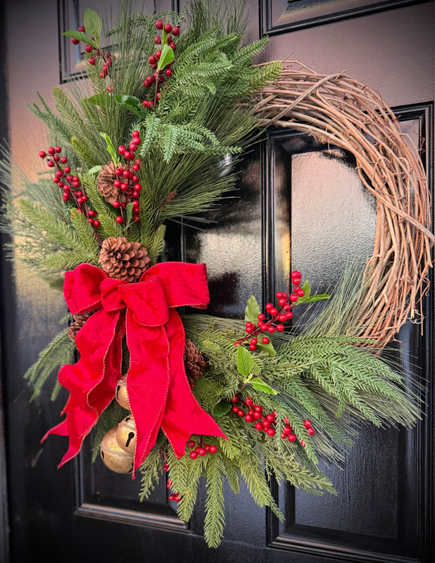 Crush Velvet  Christmas  Wreath with Tartan Bow & Golden Bells – Rustic Holiday Winter Door Decor