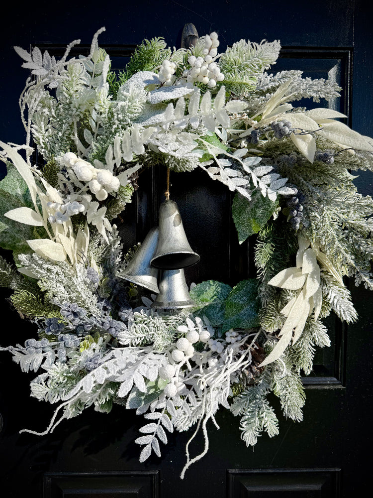 Snowy Winter Wreath with Silver Bells, Flocked Wreath